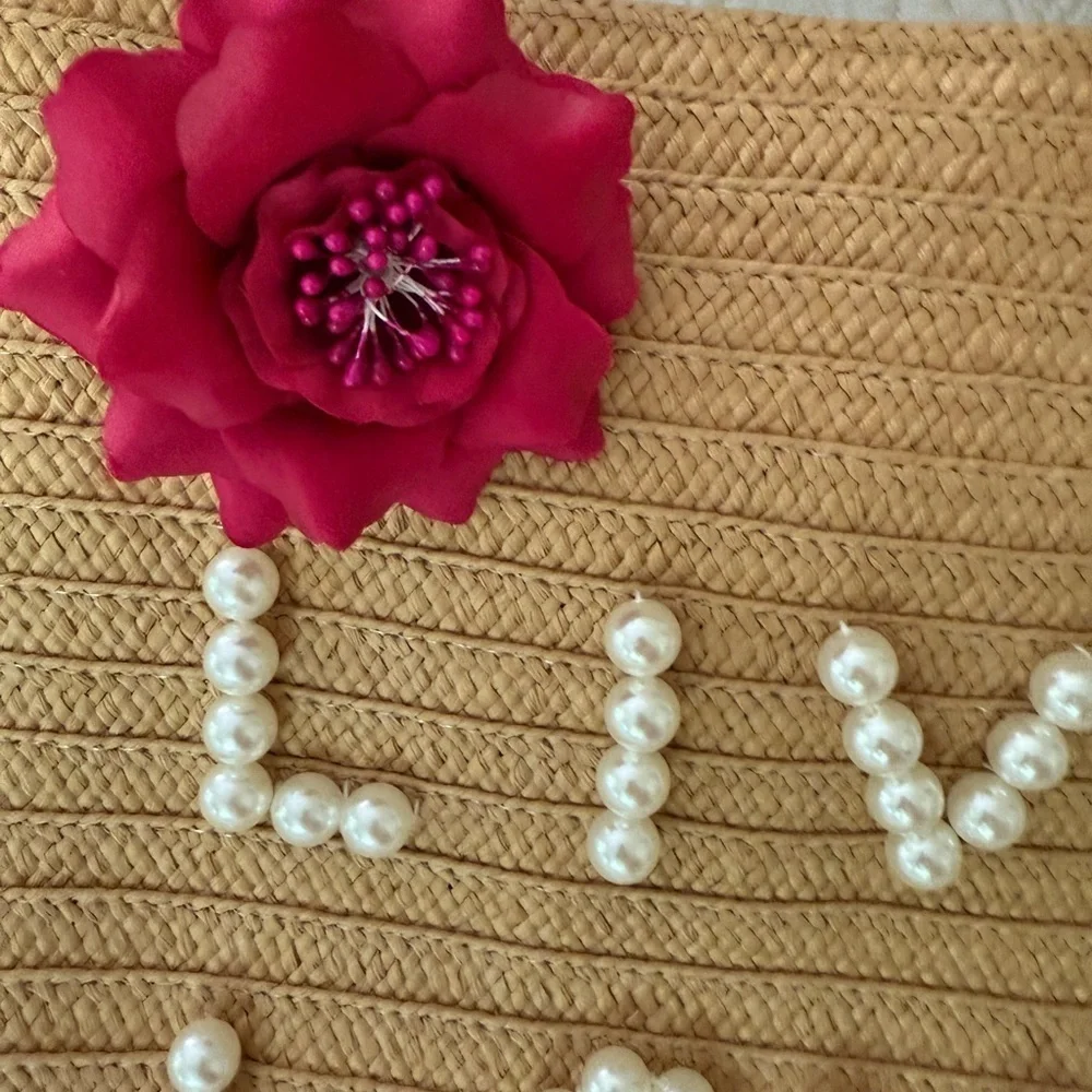 Straw Tote Bag Pearl Lettering Floral Accent